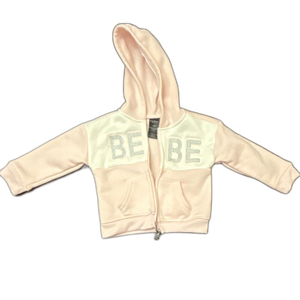 Bebe Sport Baby Girls Hooded Zip Up Sweater Pink White Glitter Graphic 12M